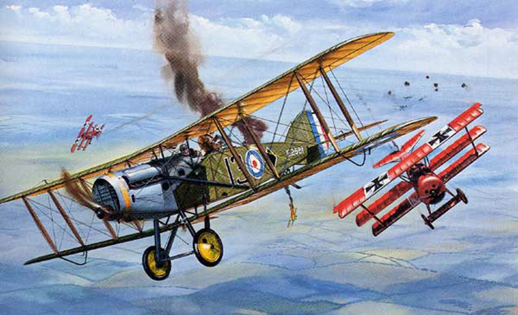 Artist depiction of a Fokker Triplane chasing a Bristol F2B