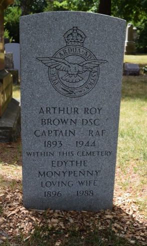 Gravestone of Captain Arthur Roy Brown (1893 - 1944) and his wife, Edythe Moneypenny (1896 - 1988) at the Necropolis Cemetery in Toronto
